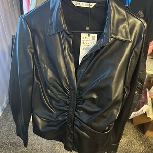 Zara Shiny Black Faux Leather Blouse
